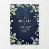 Moderne Eucalyptus QR Code Navy Blue Wedding Drieluik Uitnodiging (Cover)