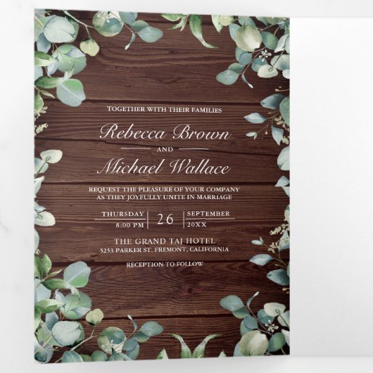 Moderne Eucalyptus QR-code Rustige bruiloft Drieluik Uitnodiging (Binnenzijde eerst)