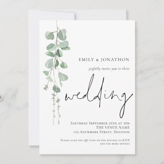 Moderne Eucalyptus Script QR Code Bruiloft Kaart (Voorkant)
