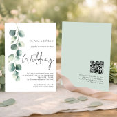 Moderne Eucalyptus Script QR code Sage Bruiloft Kaart