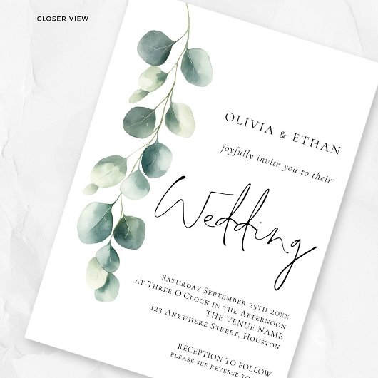 Moderne Eucalyptus Script QR code Sage Bruiloft Kaart