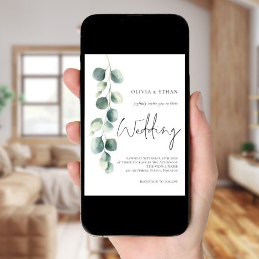 Moderne Eucalyptus Script QR code Sage Bruiloft Kaart