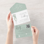 Moderne Eucalyptus Script QR Code Weddenschap All In One Uitnodiging (Afscheurbaar)