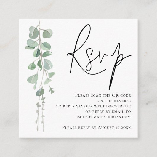 Moderne Eucalyptus Script QR Code Weddenschap RSVP Informatiekaartje (Voorkant)
