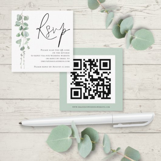 Moderne Eucalyptus Script QR Code Weddenschap RSVP Informatiekaartje