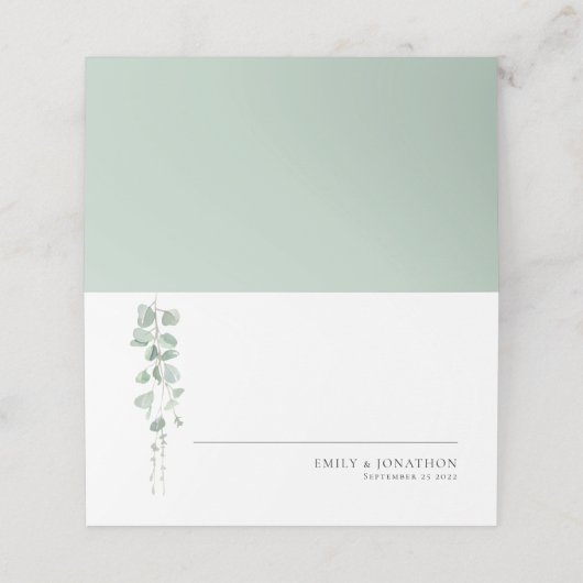 Moderne Eucalyptus Script Sage Weddenschap Plaatskaartje (Buitenkant ongevouwen)