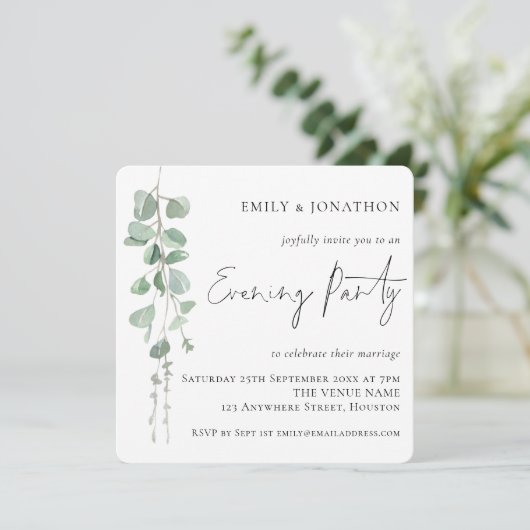 Moderne Eucalyptus Script Wedding Evening Party Kaart (Staand voorkant)
