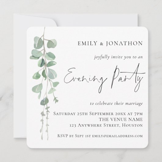 Moderne Eucalyptus Script Wedding Evening Party Kaart (Voorkant)