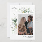 Moderne Eucalyptus Trouwfoto Save The Date (Voorkant)