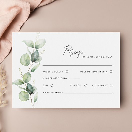 Moderne Eucalyptus Watercolor Script Bruiloft RSVP Kaartje