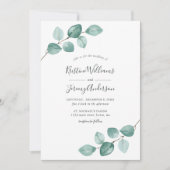 Moderne Eucalyptus Waterverf Black Script Weddensc Kaart (Voorkant)