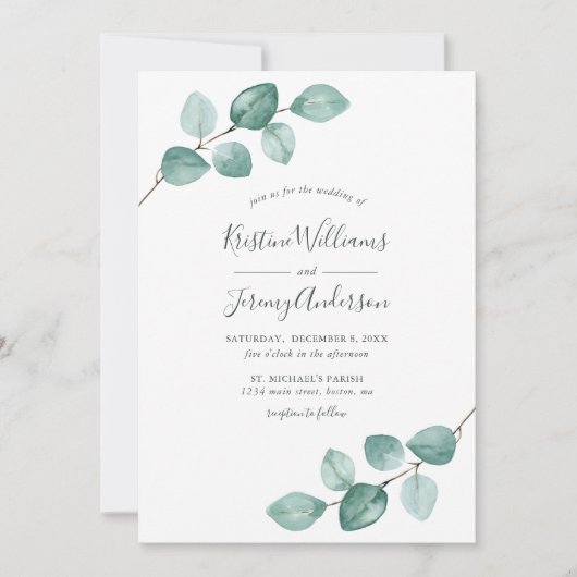 Moderne Eucalyptus Waterverf Black Script Weddensc Kaart (Voorkant)