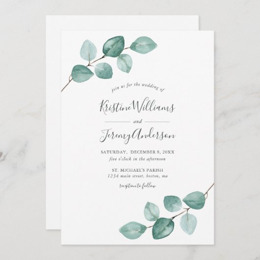 Moderne Eucalyptus Waterverf Black Script Weddensc Kaart (Voorkant / Achterkant)