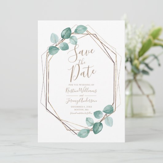 Moderne Eucalyptus Waterverf Coffee Script Weddens Save The Date (Staand voorkant)