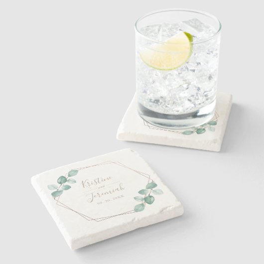 Moderne Eucalyptus Waterverf Coffee Script Weddens Stenen Onderzetter (Zijkant)