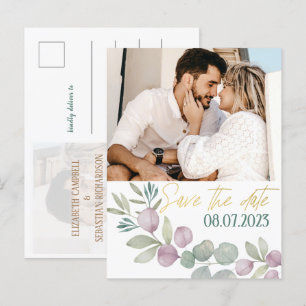 Moderne Eucalyptus Waterverf foto SAVE THE DATE Aankondigingskaart