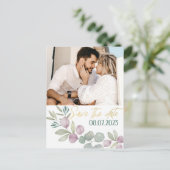 Moderne Eucalyptus Waterverf foto SAVE THE DATE Aankondigingskaart (Staand voorkant)