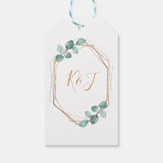 Moderne Eucalyptus Waterverf Gold Script Weddensch Cadeaulabel (Achterkant)