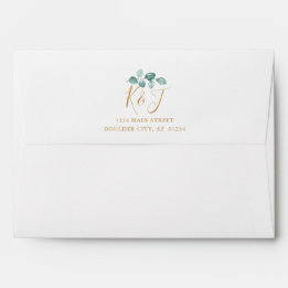 Moderne Eucalyptus Waterverf Gold Script Weddensch Envelop