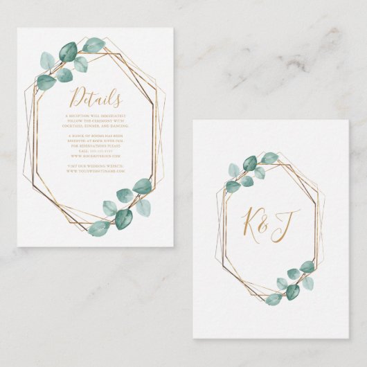 Moderne Eucalyptus Waterverf Gold Script Weddensch Informatiekaartje (Voorkant / Achterkant)
