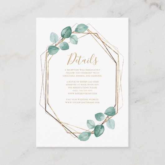 Moderne Eucalyptus Waterverf Gold Script Weddensch Informatiekaartje (Voorkant)