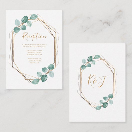 Moderne Eucalyptus Waterverf Gold Script Weddensch Informatiekaartje (Voorkant / Achterkant)