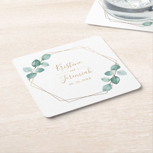 Moderne Eucalyptus Waterverf Gold Script Weddensch Kartonnen Onderzetters (Schuin)