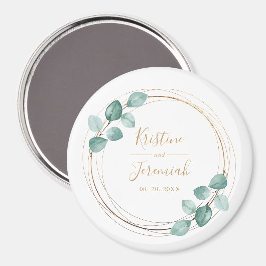 Moderne Eucalyptus Waterverf Gold Script Weddensch Magneet (Voorkant / Achterkant)