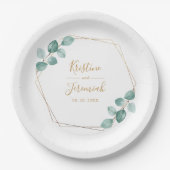 Moderne Eucalyptus Waterverf Gold Script Weddensch Papieren Bordje (Voorkant)