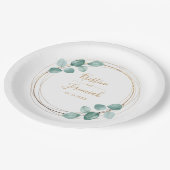Moderne Eucalyptus Waterverf Gold Script Weddensch Papieren Bordje (Gekanteld)