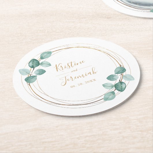 Moderne Eucalyptus Waterverf Gold Script Weddensch Ronde Kartonnen Onderzetter (Gebogen)