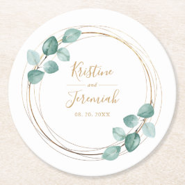 Moderne Eucalyptus Waterverf Gold Script Weddensch Ronde Kartonnen Onderzetter