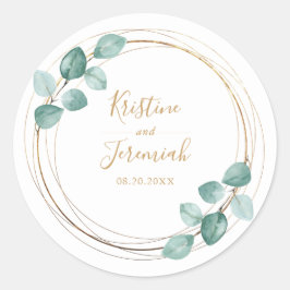Moderne Eucalyptus Waterverf Gold Script Weddensch Ronde Sticker