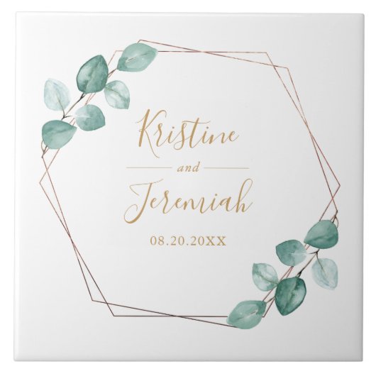 Moderne Eucalyptus Waterverf Gold Script Weddensch Tegeltje (Voorkant)