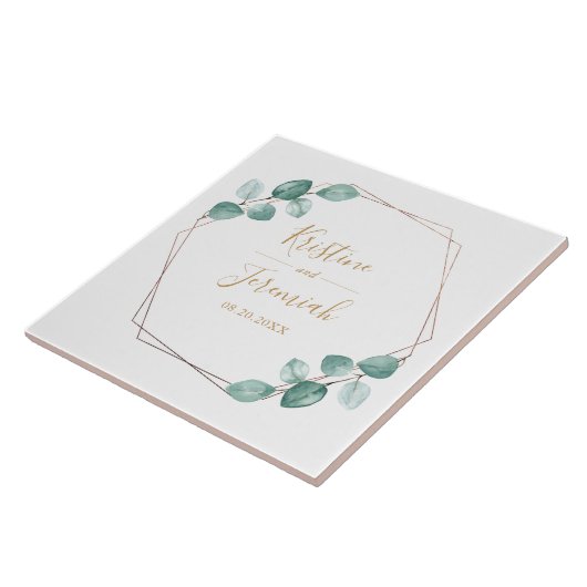 Moderne Eucalyptus Waterverf Gold Script Weddensch Tegeltje (Zijkant)
