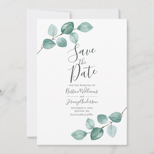 Moderne Eucalyptus Waterverf Gold Script Wedding S Save The Date (Voorkant)