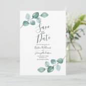 Moderne Eucalyptus Waterverf Gold Script Wedding S Save The Date (Staand voorkant)