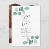 Moderne Eucalyptus Waterverf Gold Script Wedding S Save The Date (Voorkant / Achterkant)