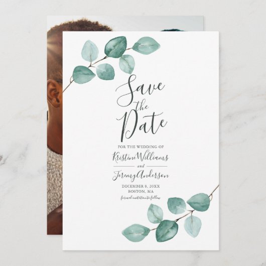 Moderne Eucalyptus Waterverf Gold Script Wedding S Save The Date (Voorkant / Achterkant)