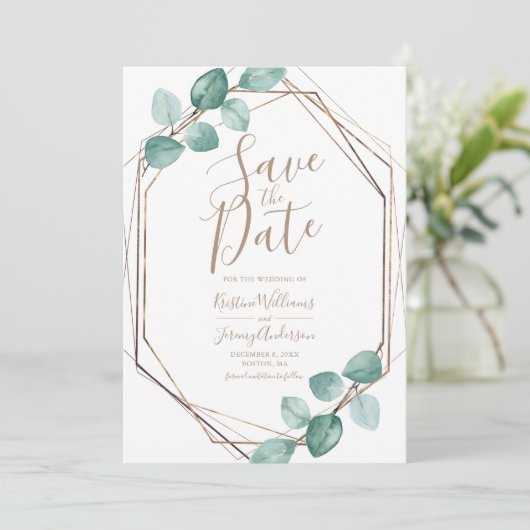 Moderne Eucalyptus Waterverf koperen bruiloft Save The Date (Staand voorkant)