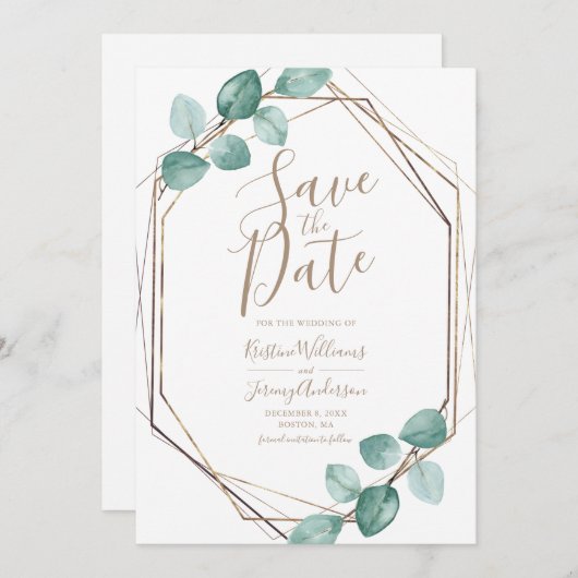 Moderne Eucalyptus Waterverf koperen bruiloft Save The Date (Voorkant / Achterkant)