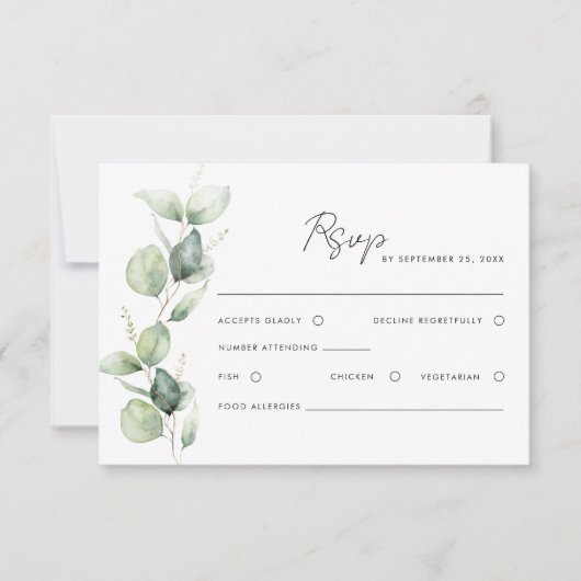 Moderne Eucalyptus Waterverf Script bruiloft RSVP Kaartje (Voorkant)