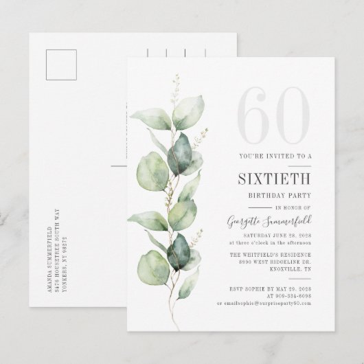 Moderne Eucalyptus Waterverf verlaat 60e verjaarda Uitnodiging Briefkaart (Voorkant / Achterkant)