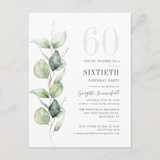 Moderne Eucalyptus Waterverf verlaat 60e verjaarda Uitnodiging Briefkaart (Voorkant)