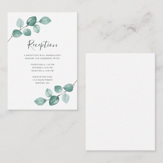 Moderne Eucalyptus Waterverf Zwart Script bruiloft Informatiekaartje (Voorkant / Achterkant)