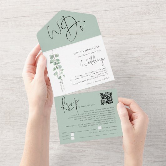 Moderne eucalyptus We doen QR-code bruiloft All In One Uitnodiging (Afscheurbaar)