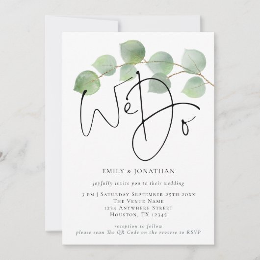 Moderne eucalyptus We doen QR-code bruiloft Kaart (Voorkant)