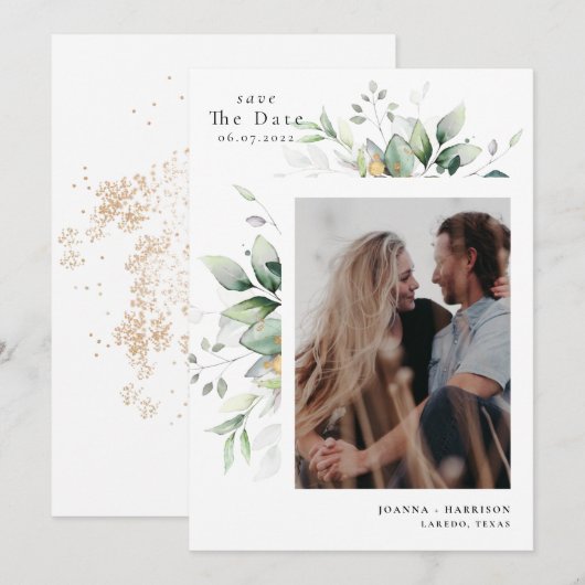 Moderne Eucalyptus Weddenschap Foto Save The Date (Voorkant / Achterkant)
