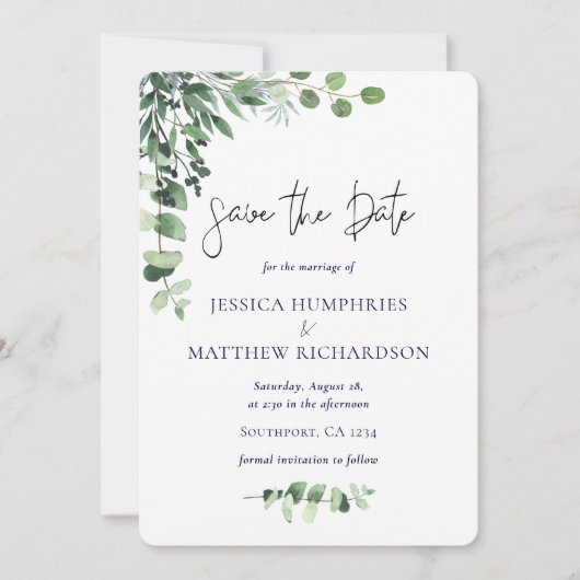 Moderne eucalyptus Wedding Flat Save the Date (Voorkant)