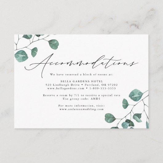 Moderne Eucalyptus Wedding Hotel Accommodaties Informatiekaartje (Voorkant)